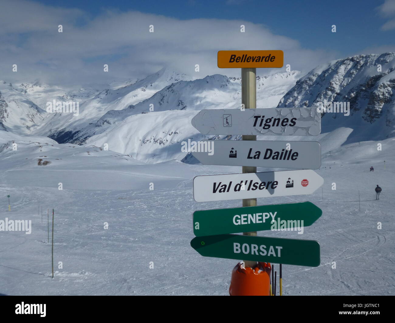 Ski resort sign post in Val d'Isere Stock Photo