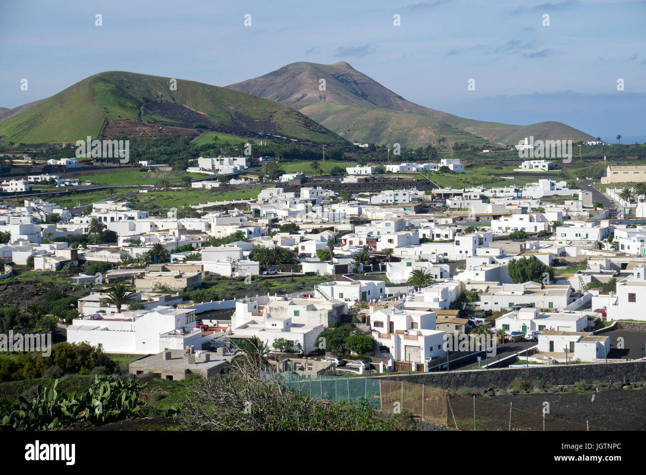 Typical cabnarian white cube houses at the village Uga, Lanzarote island, Canary islands, Spain