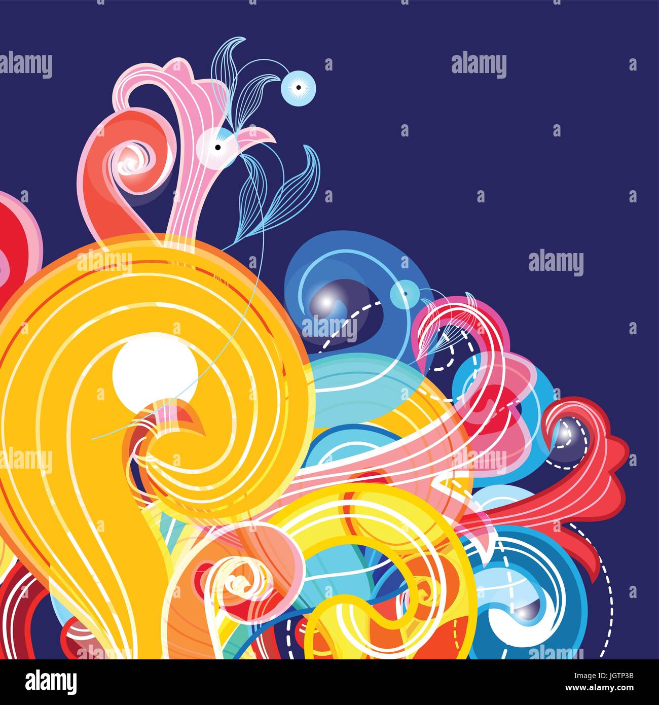 Abstract multicolored pattern from different curls on a blue background ...