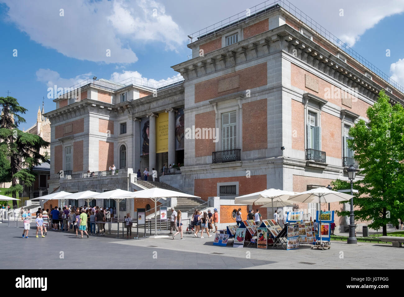 Tourists outside the Prado Museum building entrance, Madrid, Spain Stock Photo