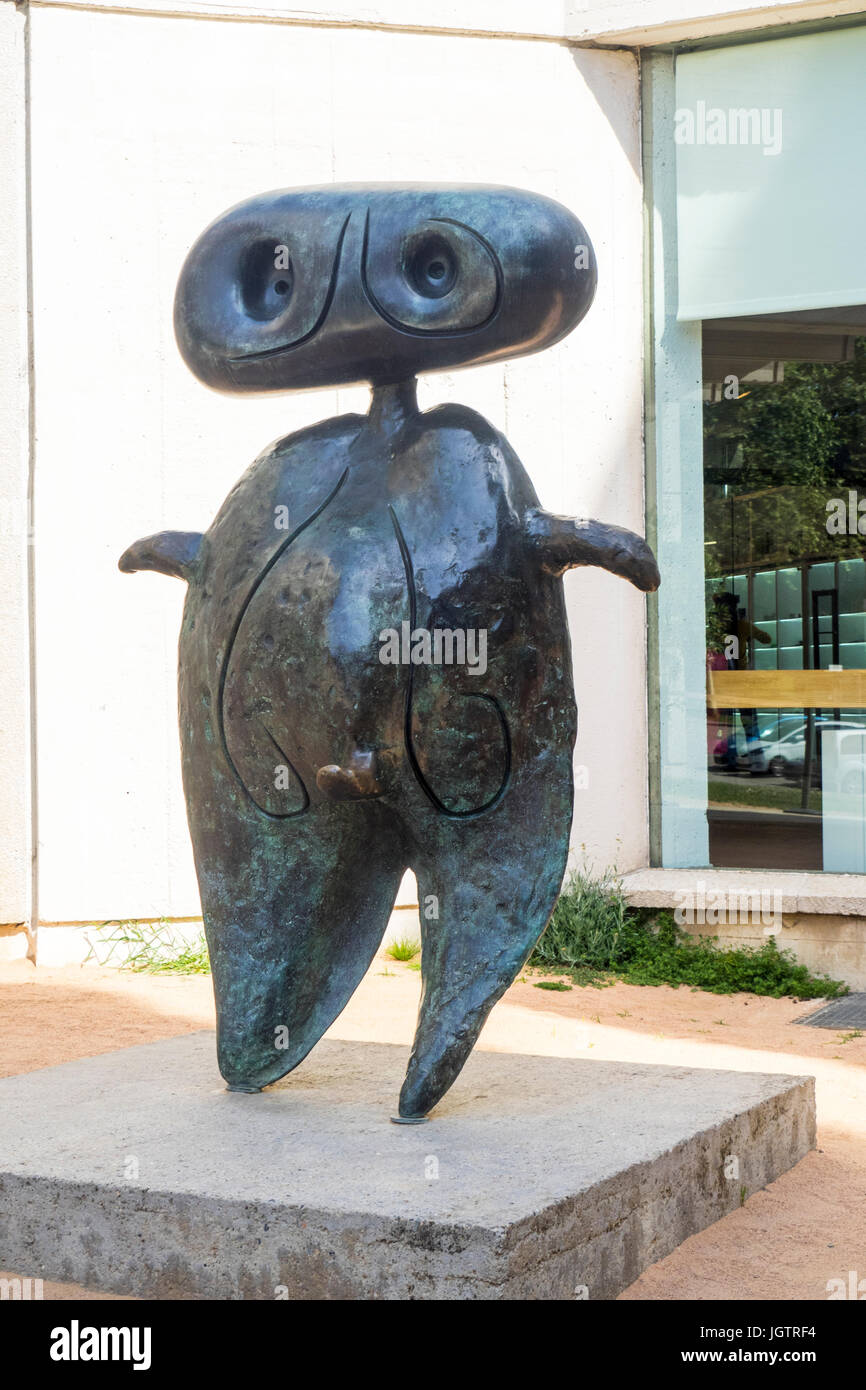 Personage 1970, a bronze sculpture by Joan Miro, on display at the entrance to Fundacio Joan Miro museum,Montjuic, Barcelona Spain. Stock Photo
