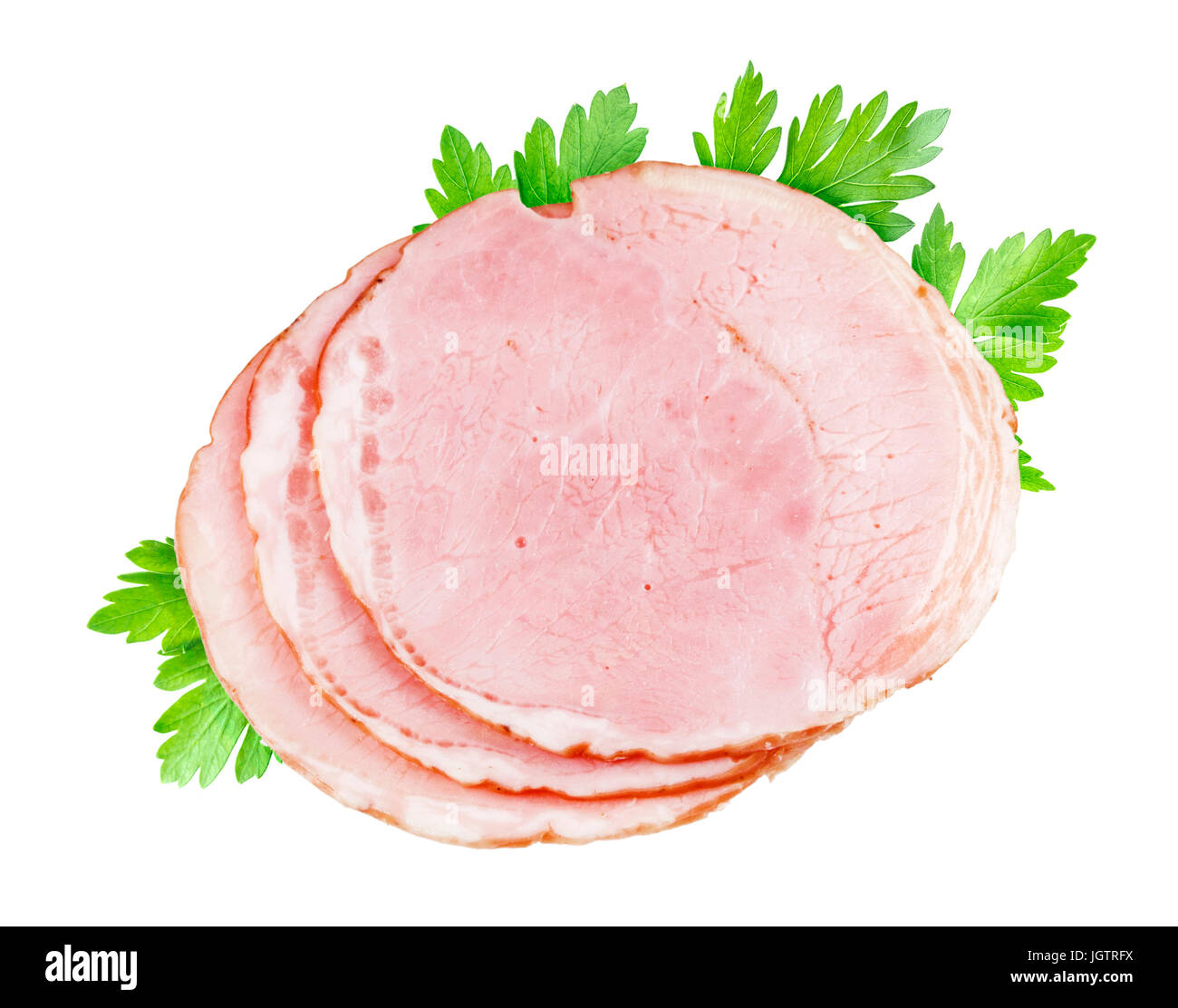 Slices of smoked ham isolated on white Stock Photo