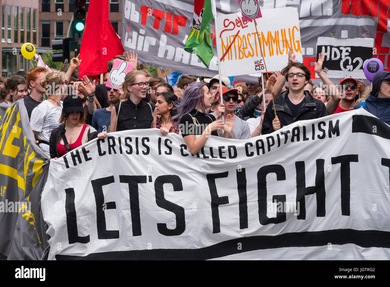 8th July, 2017. Hamburg, Germany. large demonstration march through central Hamburg protesting against G20 Summit taking place in city. Stock Photo