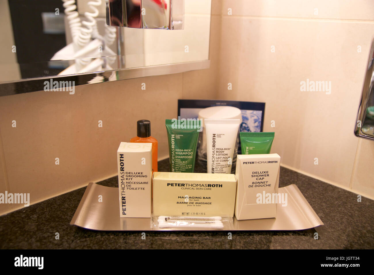 VIENNA, AUSTRIA - APR 28th, 2017: Hotel Amenities shower bath and soap, actual photography in hotel environment at a Penthouse Suite by Hilton Stock Photo