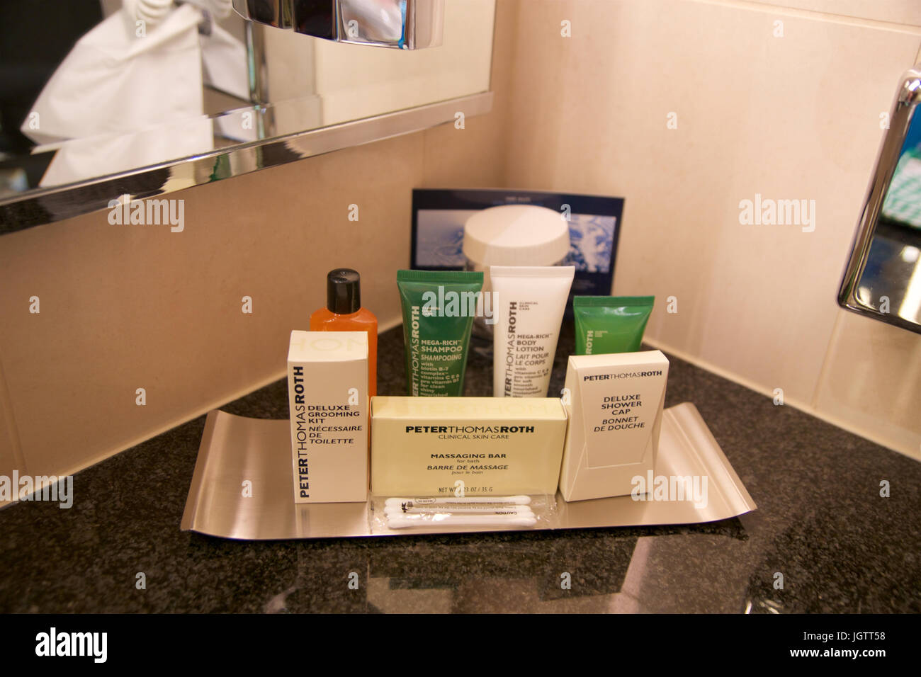 VIENNA, AUSTRIA - APR 28th, 2017: Hotel Amenities shower bath and soap, actual photography in hotel environment at a Penthouse Suite by Hilton Stock Photo