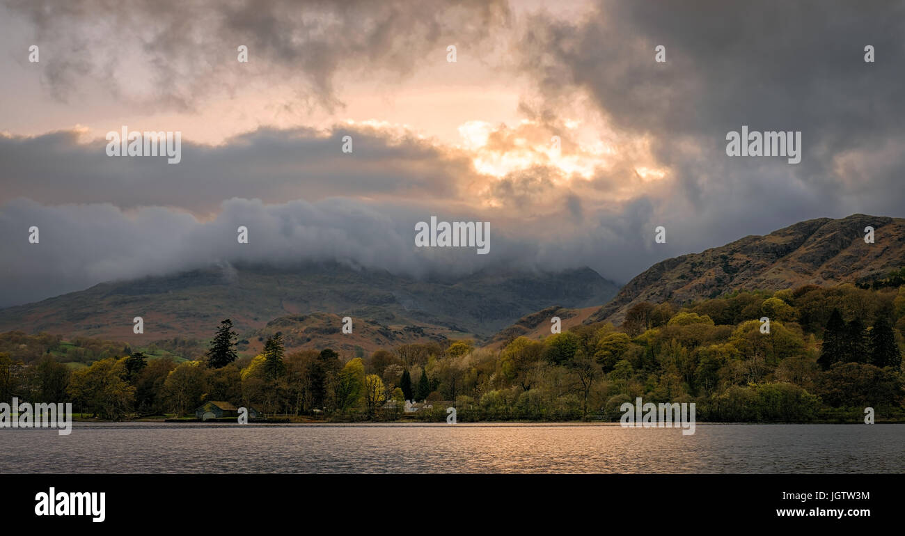 Scenic View Of Storm over the Old Man - mountain and lake Stock Photo