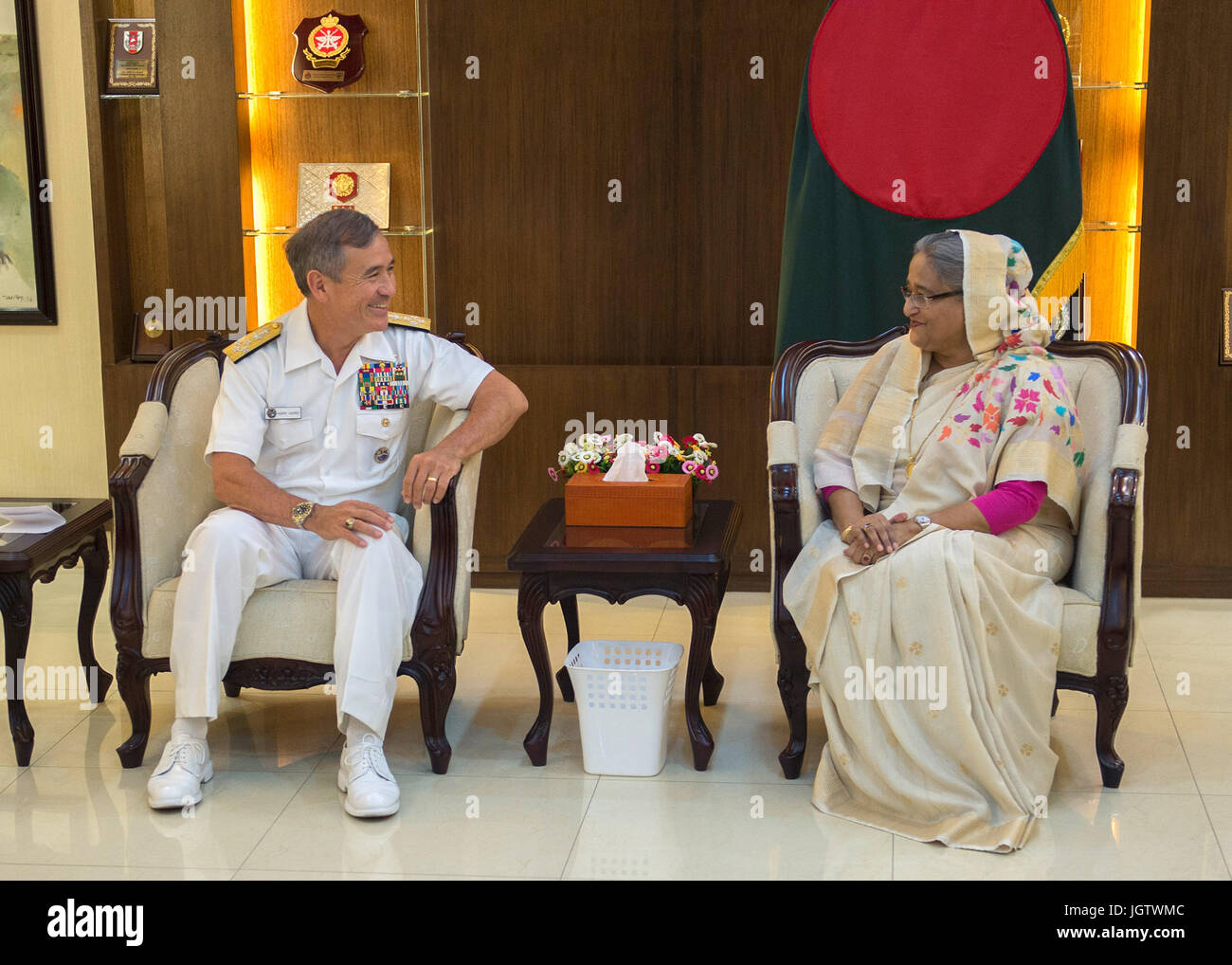 170709-N-WY954-165DHAKA, BANGLADESH (July 9, 2017) – Adm. Harry Harris, Commander U.S. Pacific Command (PACOM), meets with Prime Minister of Bangladesh Sheikh Hasina. This is Harris’ first visit to Bangladesh as PACOM commander. During the visit he met with counterparts and government officials for discussions on military cooperation and regional security initiatives in the Indo-Asia Pacific. (U.S. Navy photo by Mass Communications Specialist 2nd Class Robin W. Peak/ Released) Stock Photo