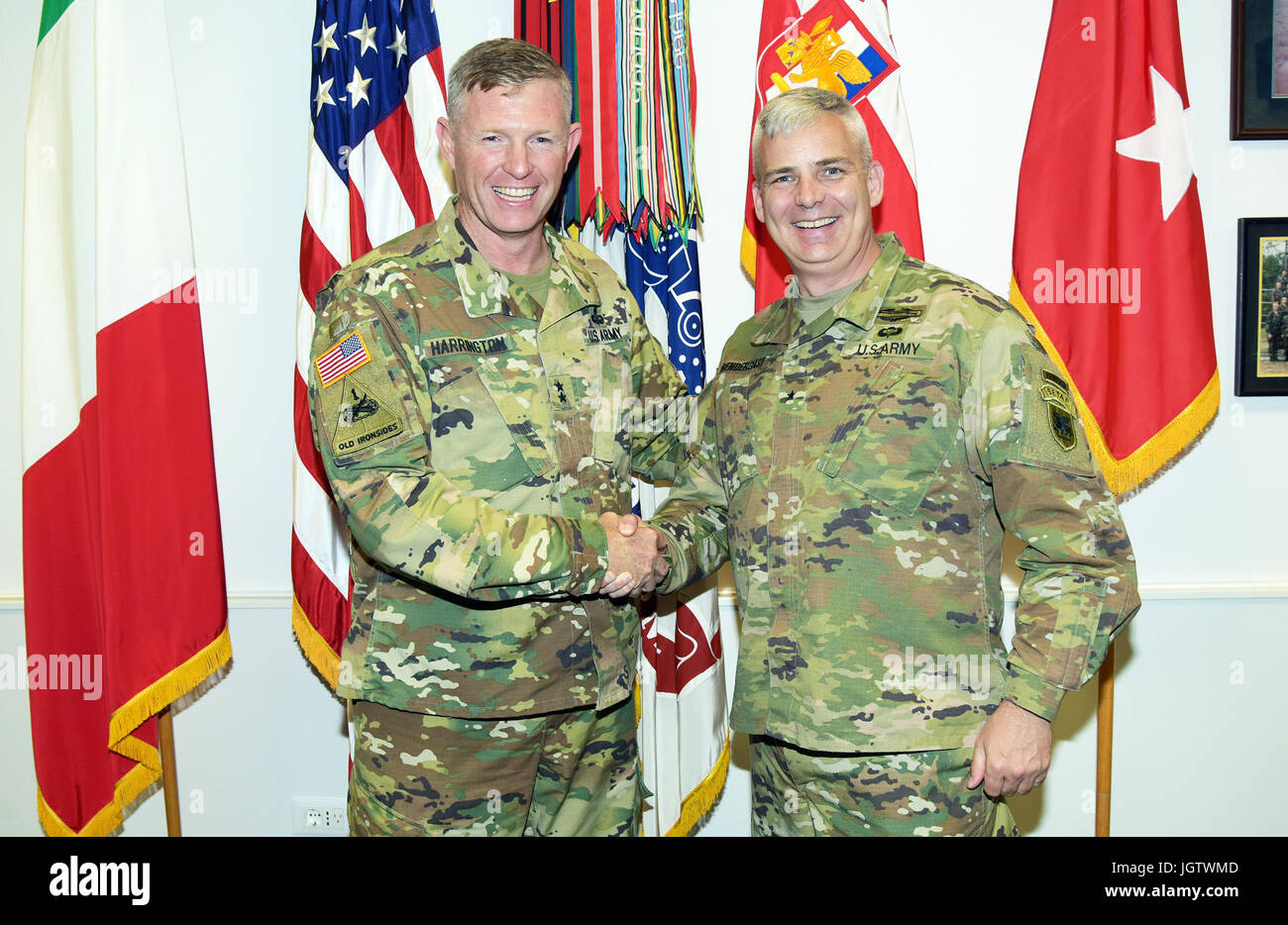 From left, Maj. Gen. Joseph P. Harrington, U.S. Army Africa Commanding General, and Brig. Gen. William J. Prendergast IV, Army National Guard Deputy Commanding General, USARAF; pose for a photograph in the USARAF commander's office during a recent visit to Caserma Ederle, Vicenza, Italy July 10, 2017. (Photo by U.S. Army Visual Information Specialist Davide Dalla Massara/Released) Stock Photo