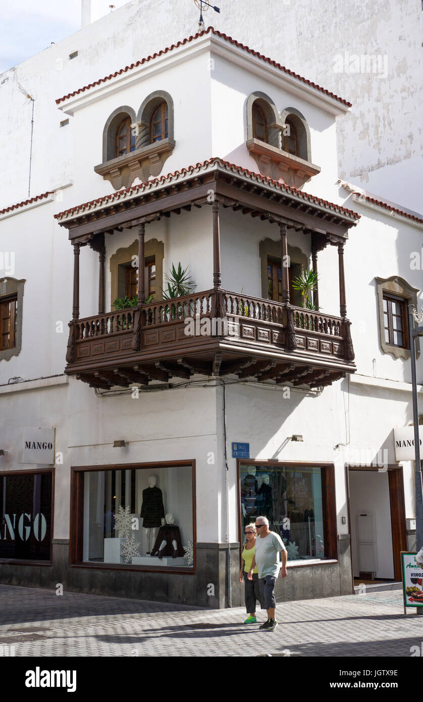 Typical canarian town house with wooden balconies, city of Arrecife, Lanzarote island, Canary islands, Spain, Europe Stock Photo