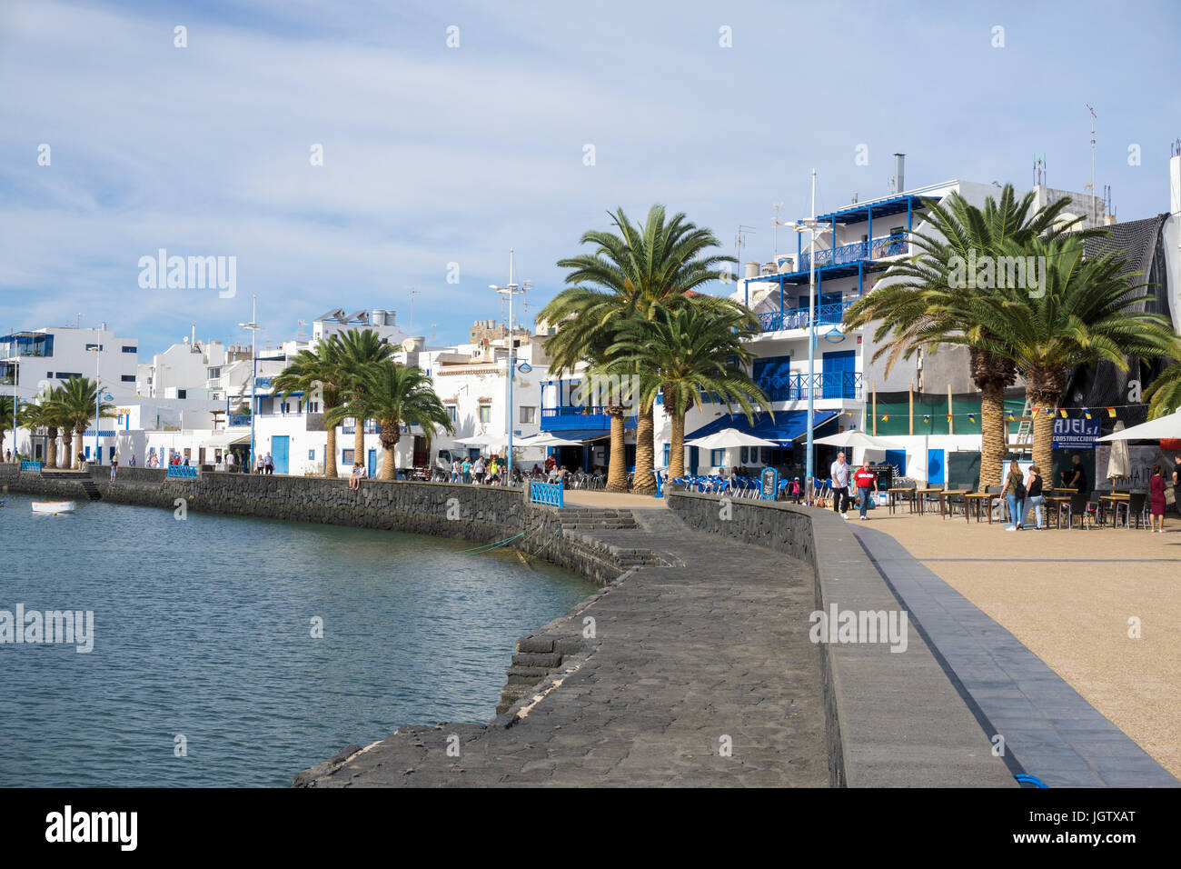 Street cafes at Charco San Gines, lagoon at Arrecife, Lanzarote island, Canary islands, Spain, Europe Stock Photo