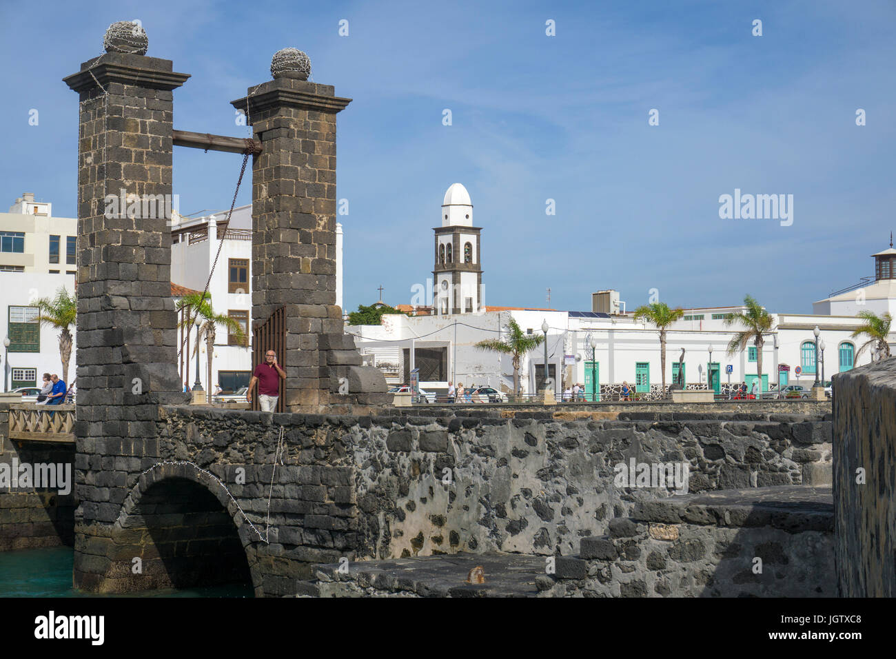 Drawbridge Puente de las Bolas (Bowl bridge), connect Arrecife with fortress Castillo de San Gabriel, Arrecife, Lanzarote, Canary islands, Europe Stock Photo