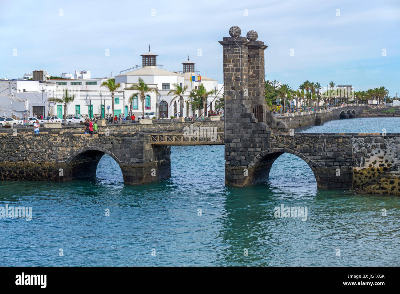 Drawbridge Puente de las Bolas (Bowl bridge), connect Arrecife with fortress Castillo de San Gabriel, Arrecife, Lanzarote, Canary islands, Europe Stock Photo