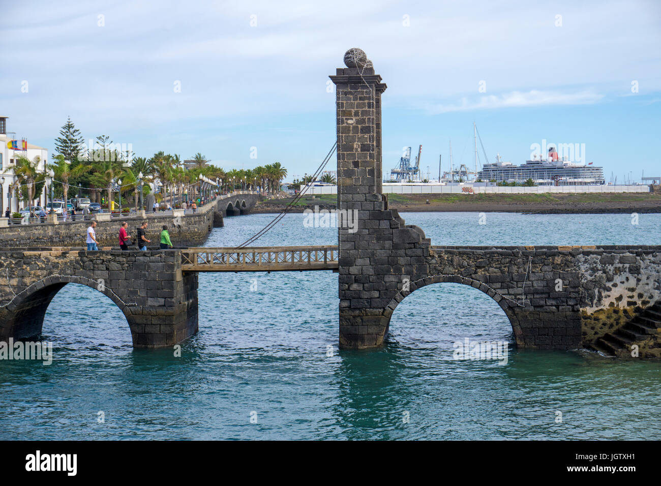 Drawbridge Puente de las Bolas (Bowl bridge), connect Arrecife with fortress Castillo de San Gabriel, Arrecife, Lanzarote, Canary islands, Europe Stock Photo