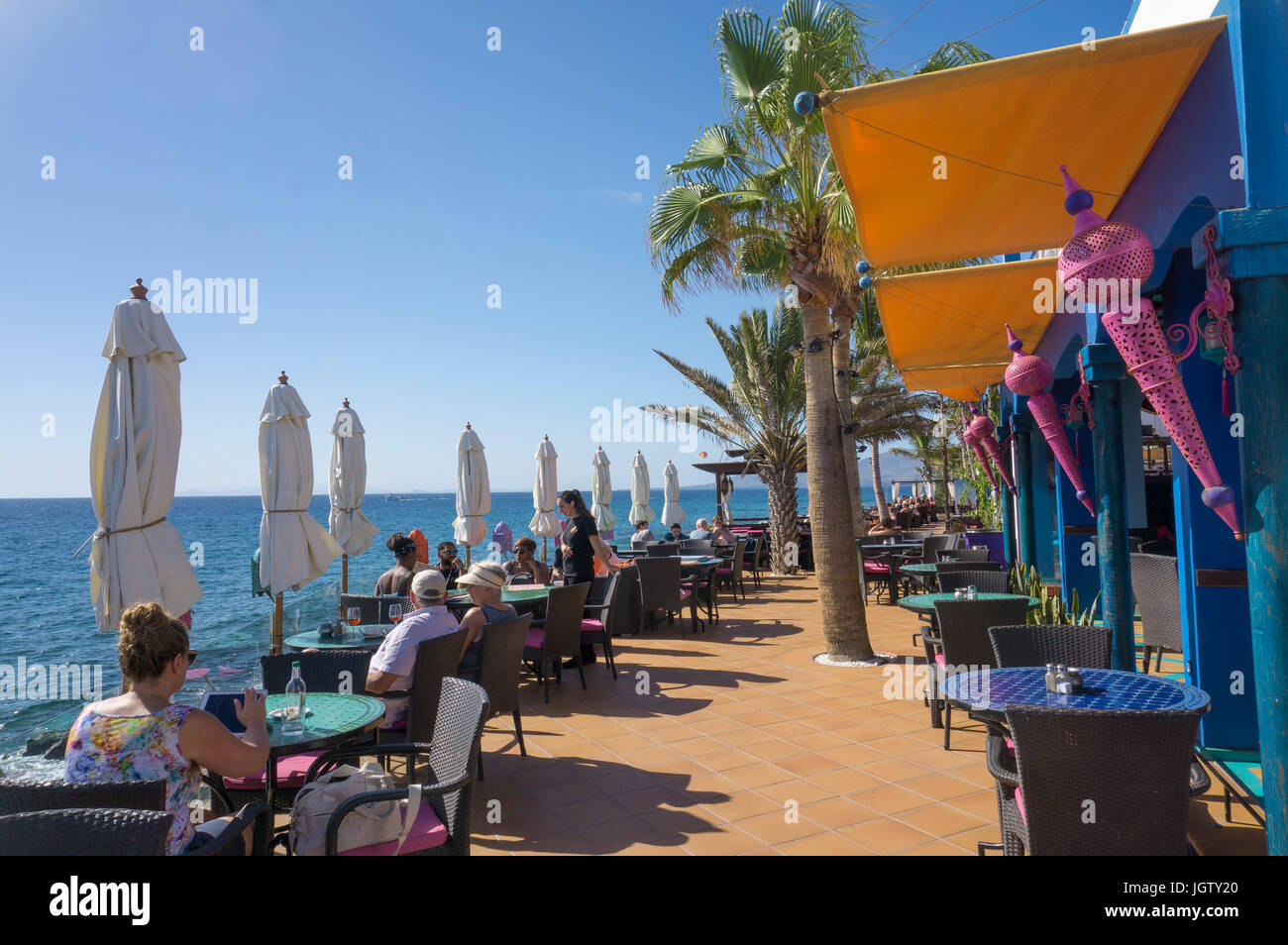 Beach cafe at Puerto del Carmen, Lanzarote island, Canary islands, Spain, Europe Stock Photo