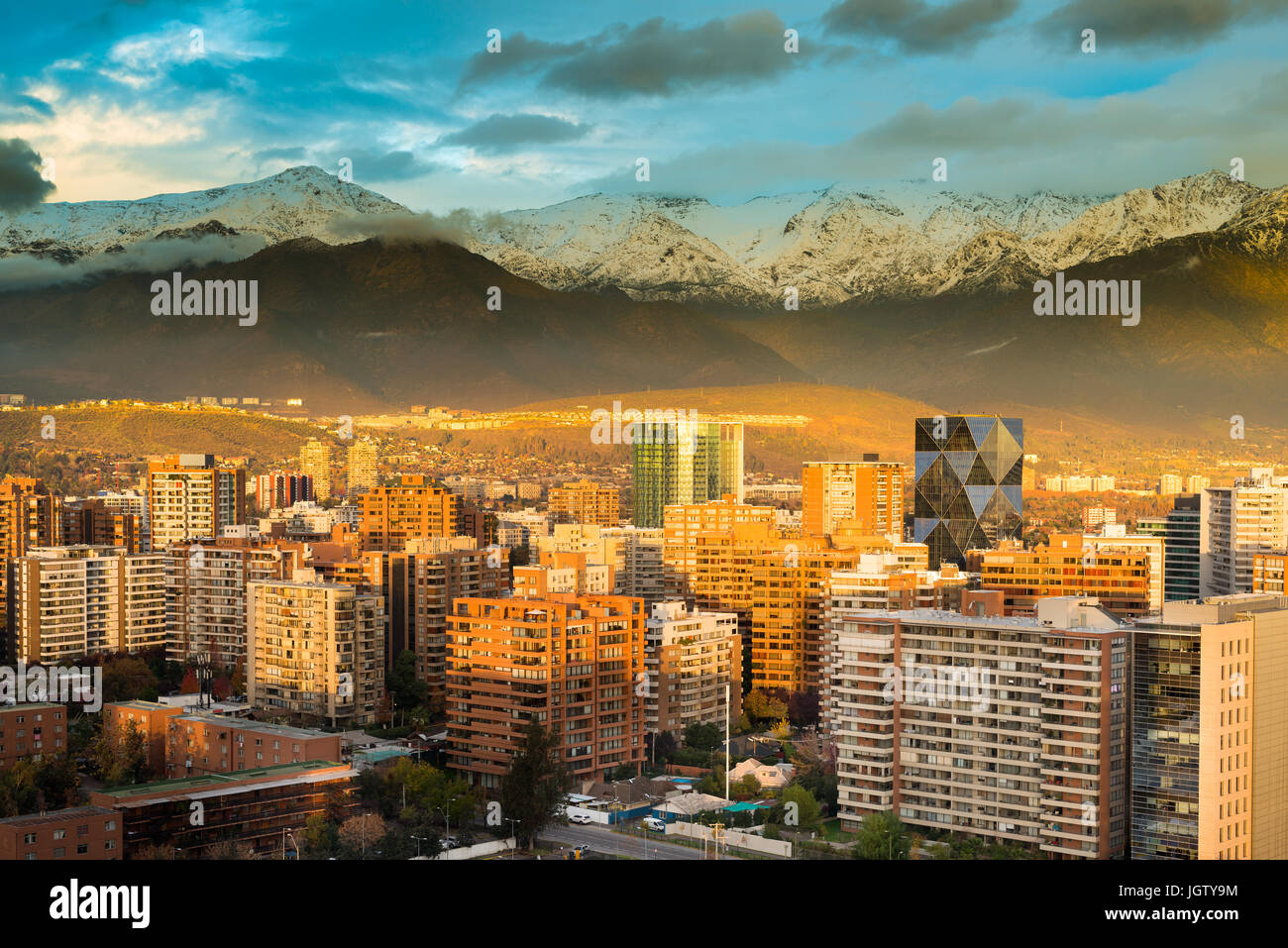 Skyline of buildings at a wealthy neighborhood in Las Condes district
