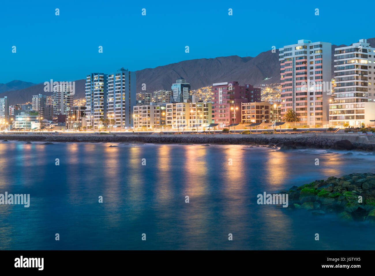 Panoramic view of the coastline of Antofagasta, know as the Pearl of the North and the biggest city in the Mining Region of northern Chile Stock Photo