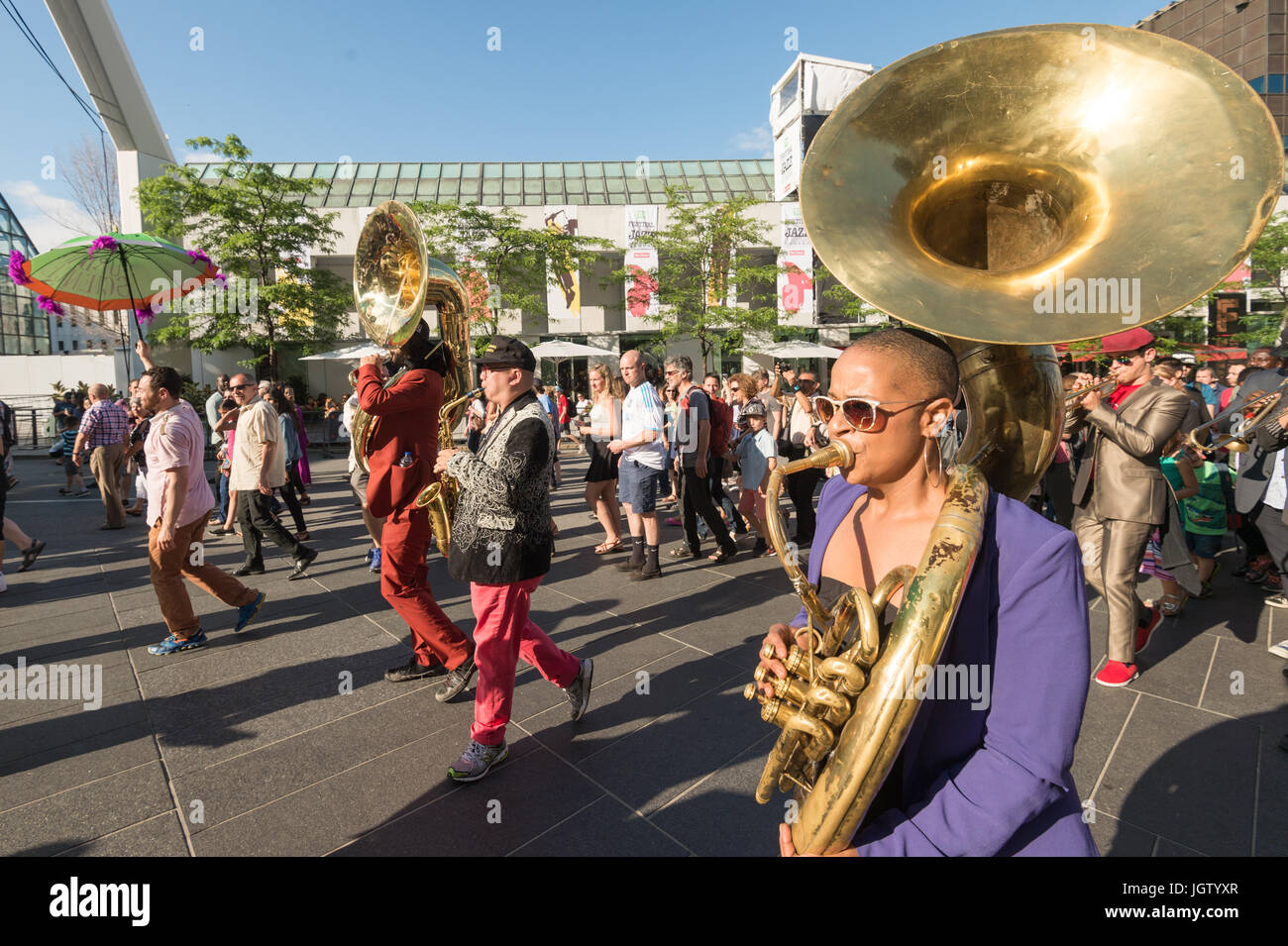 Montreal, 8 July 2017: Julie Richard from Urban Science Brass Band playing the Sousaphone at the Montreal Jazz Festival Stock Photo