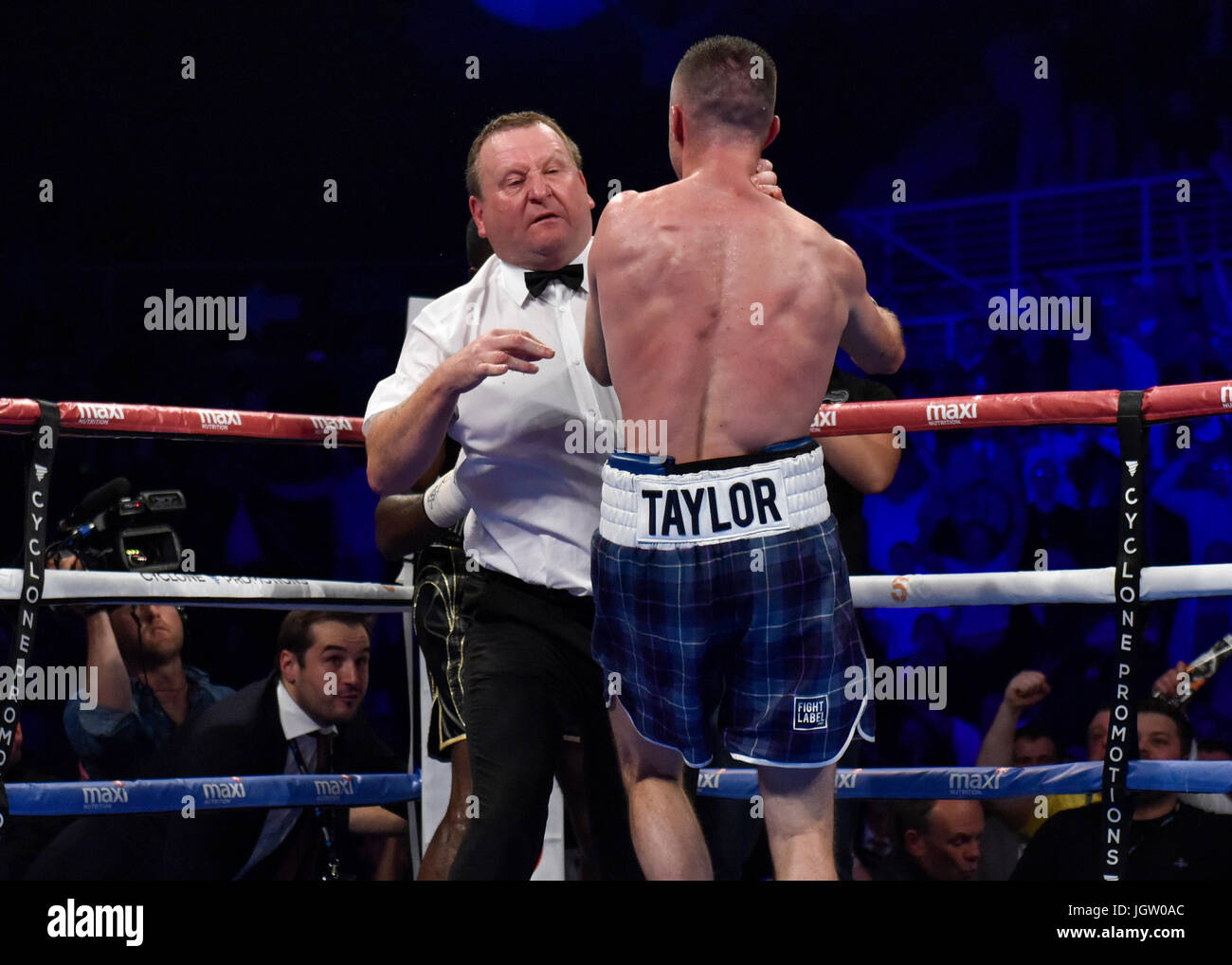 Saturday 8th of July 2017: Boxing, Braehead Arena, Glasgow, Scotland. Prestonpans boxer Josh Taylor defeats Hackney's Ohara Davies to add the WBC Silver belt to his Commonwealth title. The 26-year-old earned his tenth and most satisfying victory of his short career in an explosive night at Glasgow’s Braehead Arena, a win that propels the Prestonpans puncher into the top 15 in the world super lightweight rankings. Stock Photo