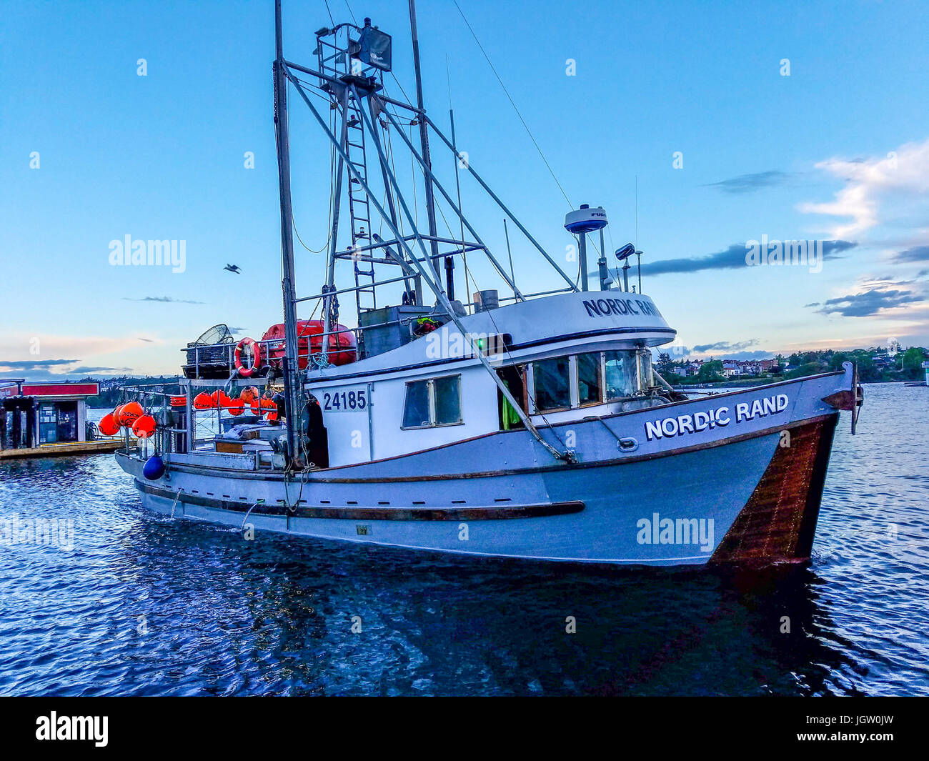 Commercial fishing boat Nordic Rand off Vancouver Island, BC, Canada, fishing for prawns (like shrimp but larger). Stock Photo