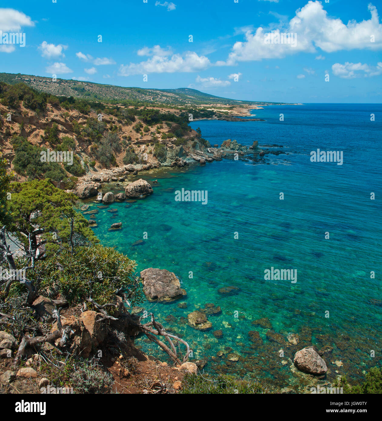 view of clear waters and hills of Akamas Peninsula national park in Cyprus Stock Photo