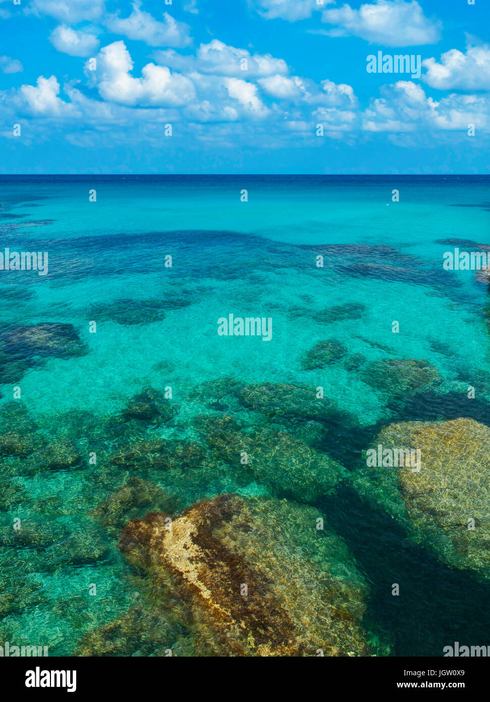 view of rocks and corals under crystal clear water of lagoon against blue sky on sunny summer day on Akamas peninsula, Cyprus Stock Photo