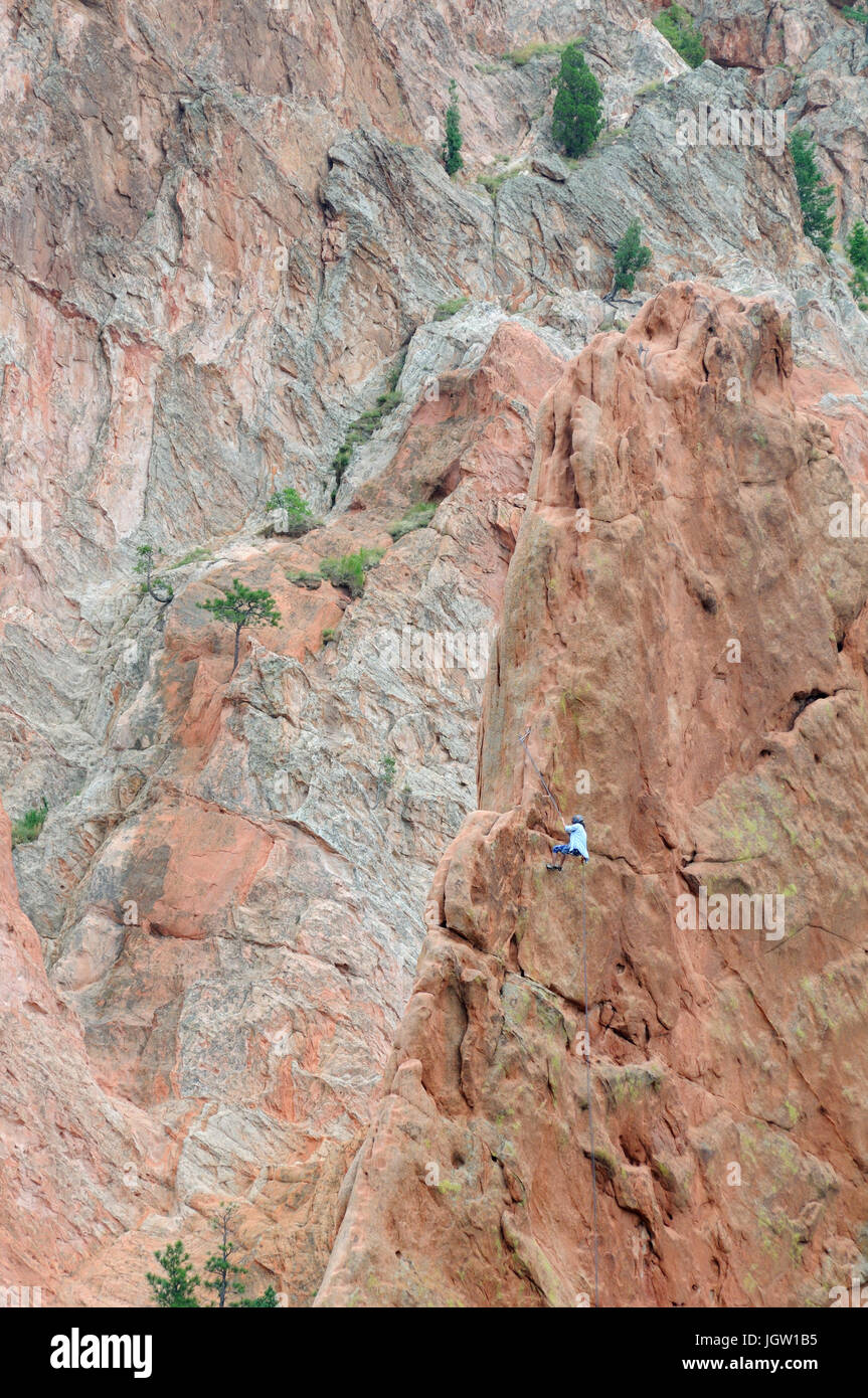 Rock climber at Garden of the Gods, Colorado Springs, Colorado, USA Stock Photo