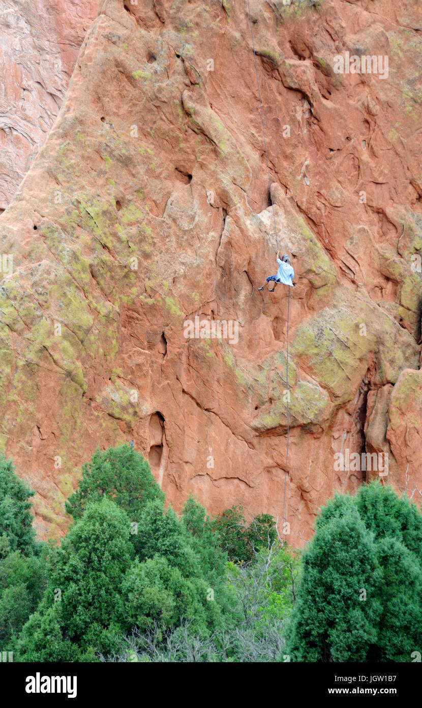 Rock climber at Garden of the Gods, Colorado Springs, Colorado, USA Stock Photo