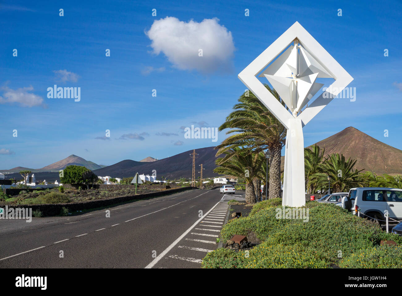 White sculpture with title 'windmill', designed by Cesar Manrique, at Fundacion Cesar Manrique, Tahiche, Lanzarote, Canary islands, Spain, Europe Stock Photo