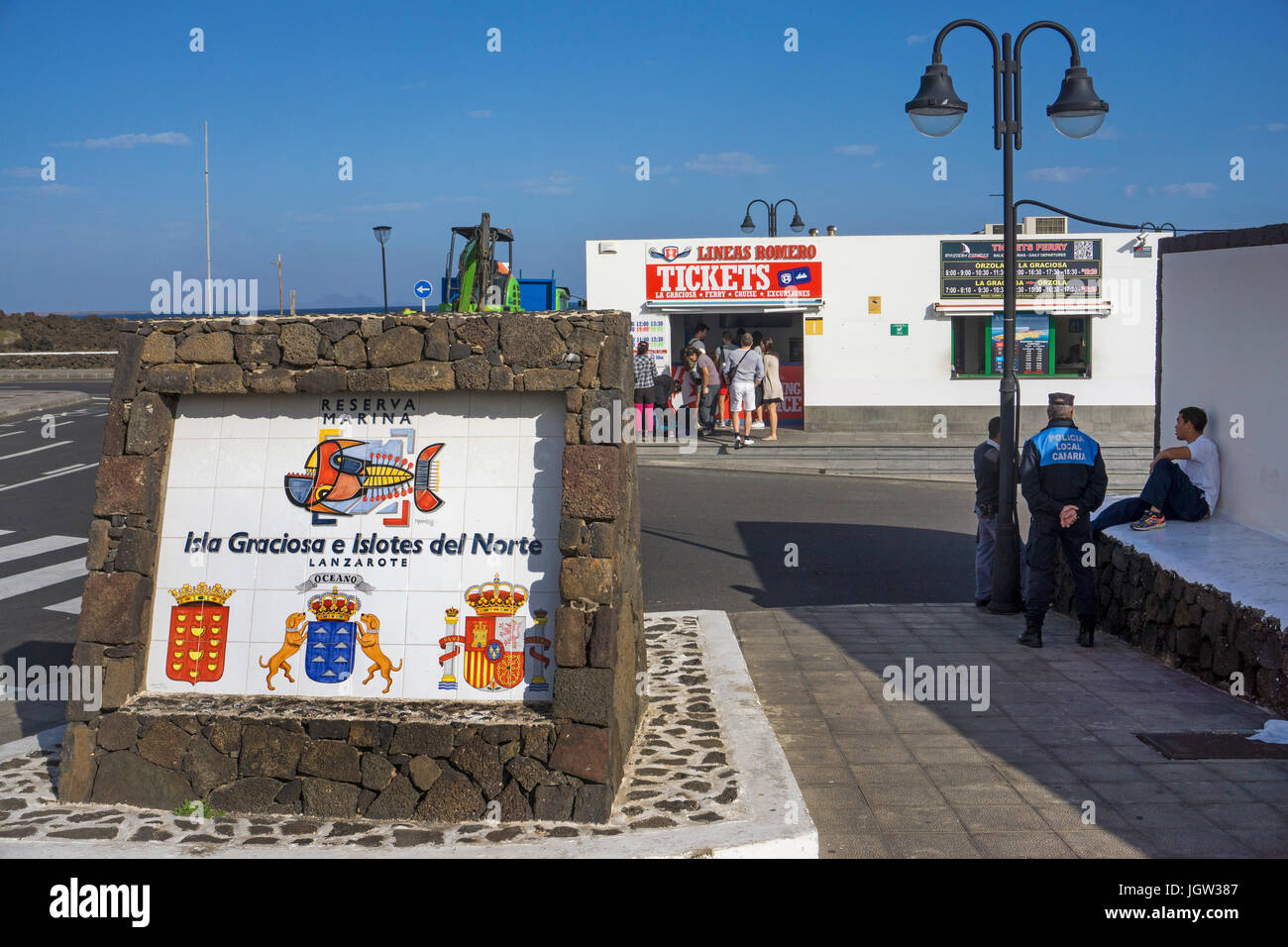 Tile picture at fishing harbour at Orzola, start point for ferry roundtrips to La Graciosa island, Lanzarote, Canary islands, Europe Stock Photo