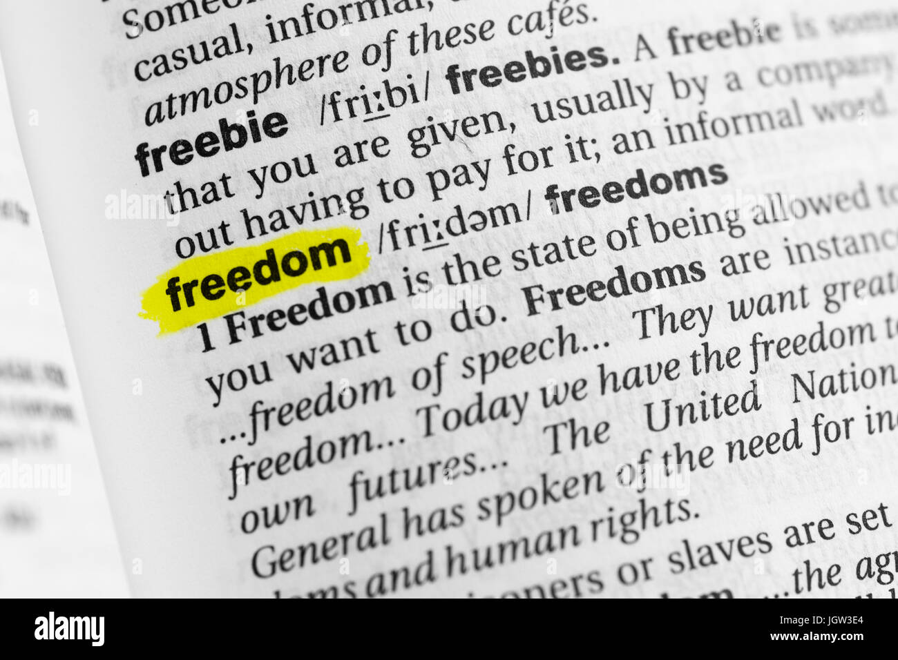 Highlighted English word "freedom" and its definition at the dictionary Stock Photo Alamy