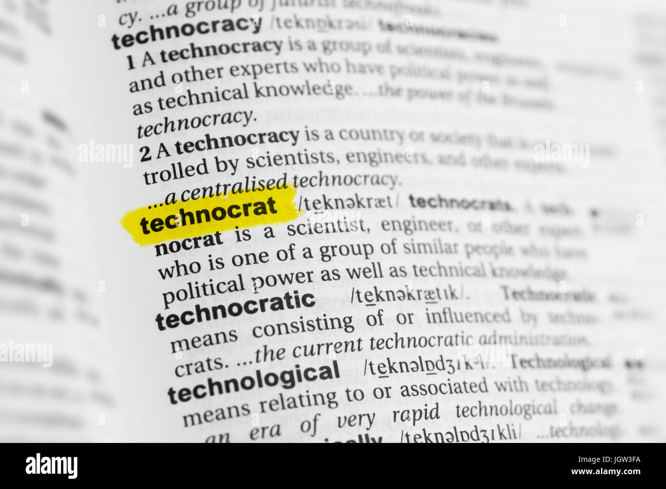 Highlighted English word 'technocrat' and its definition at the dictionary. Stock Photo