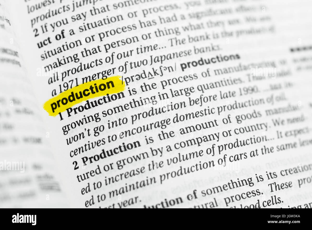 Highlighted English word "production" and its definition at the