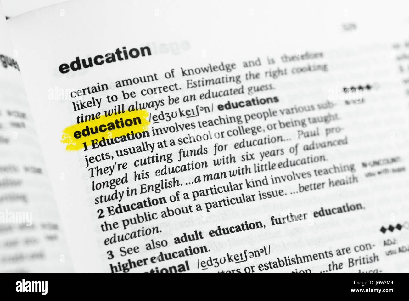 Highlighted English word "education" and its definition at the