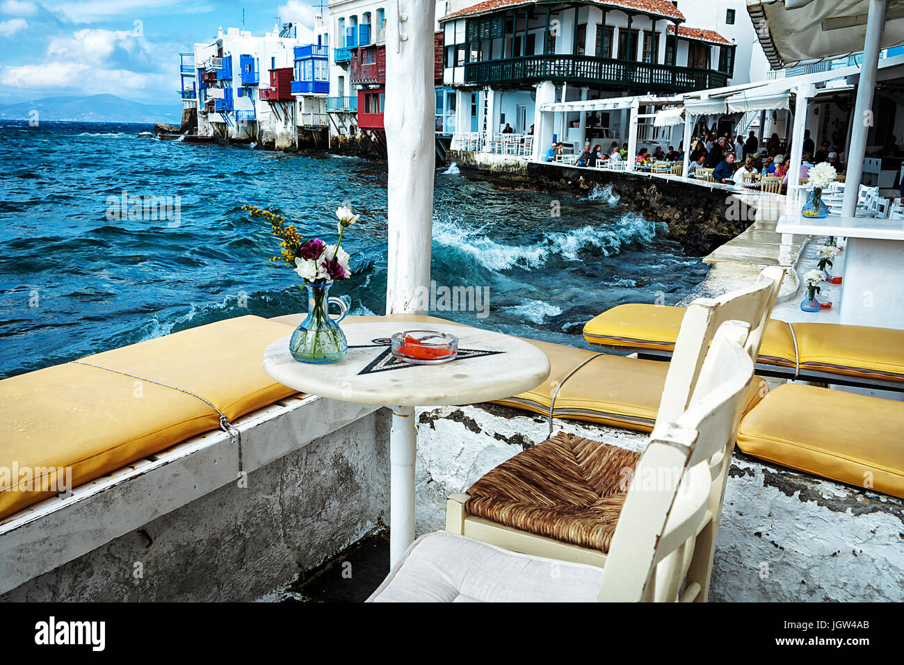 Cafes in Mykonos town at water edge with beautiful sea view, Greece Stock Photo Alamy