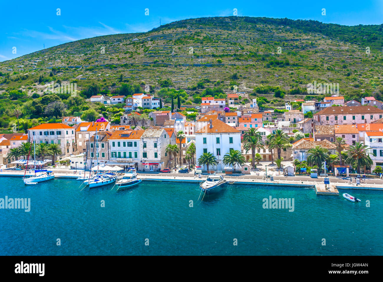 Aerial view on Vis town scenery, popular adriatic resort in Croatia, Eastern Europe. Stock Photo