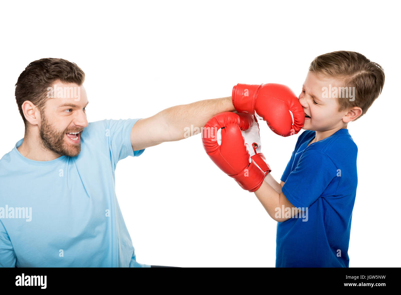 Side view of father with son boxing together isolated on white Stock Photo  - Alamy