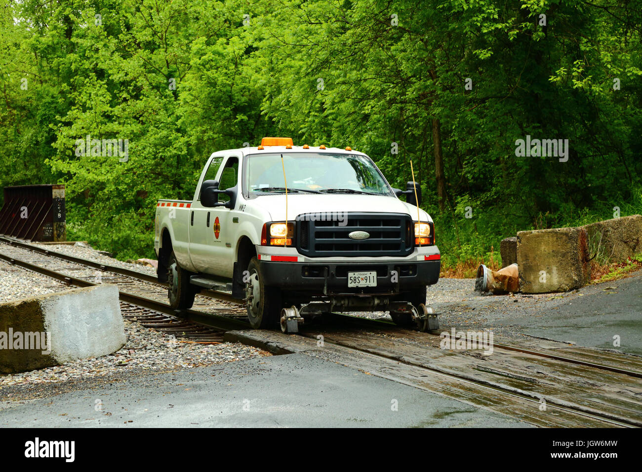 Ford road–rail vehicle used by Maryland Midland Railway for maintenance on a single track section near Finksburg, Maryland, USA Stock Photo