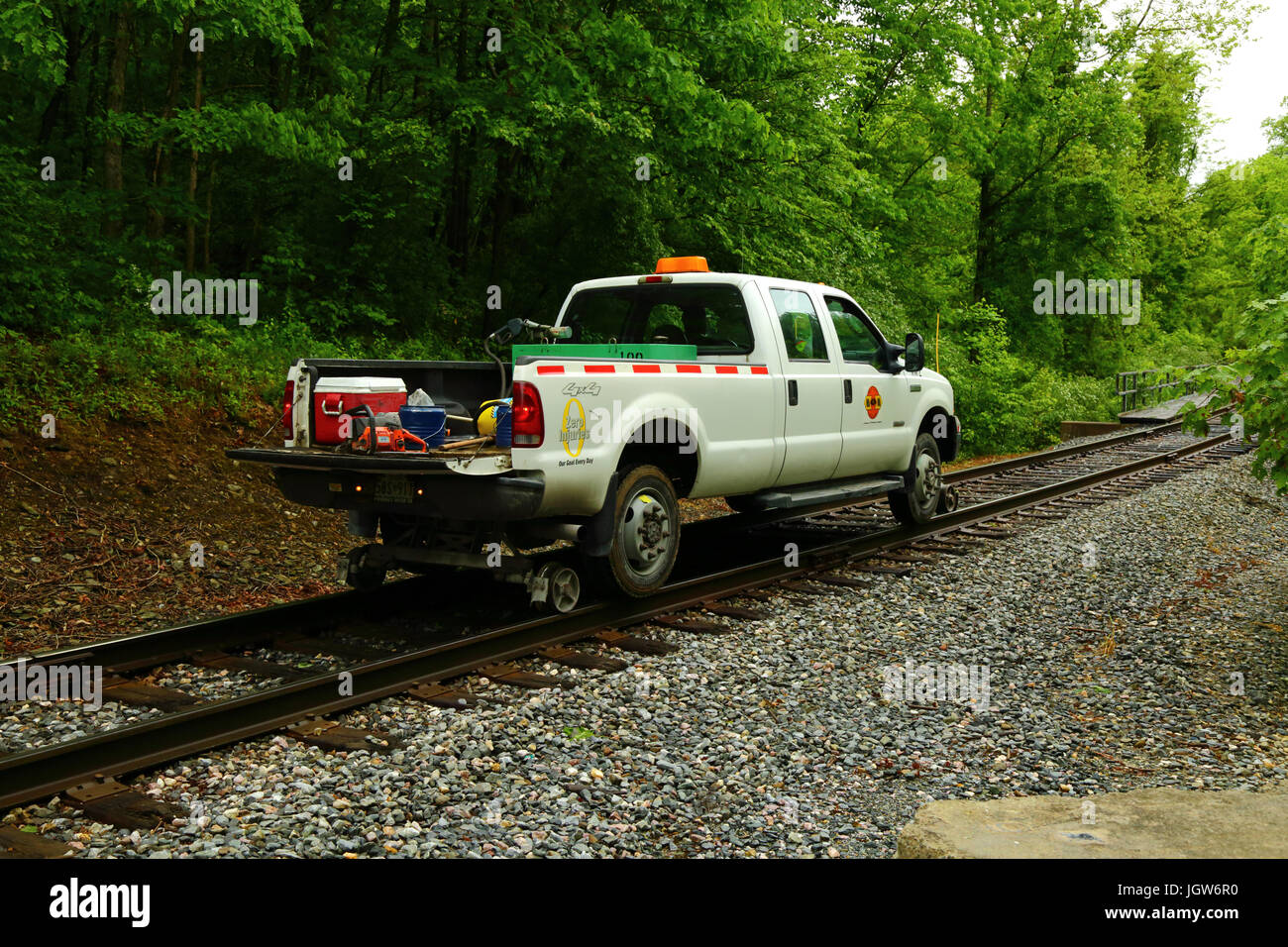 Ford road–rail vehicle used by Maryland Midland Railway for maintenance on a single track section near Finksburg, Maryland, USA Stock Photo