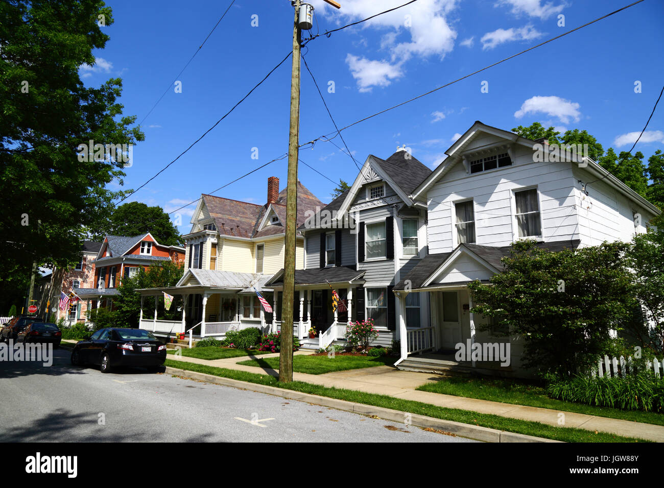 White painted clapboard houses in Westminster, Carroll County, Maryland
