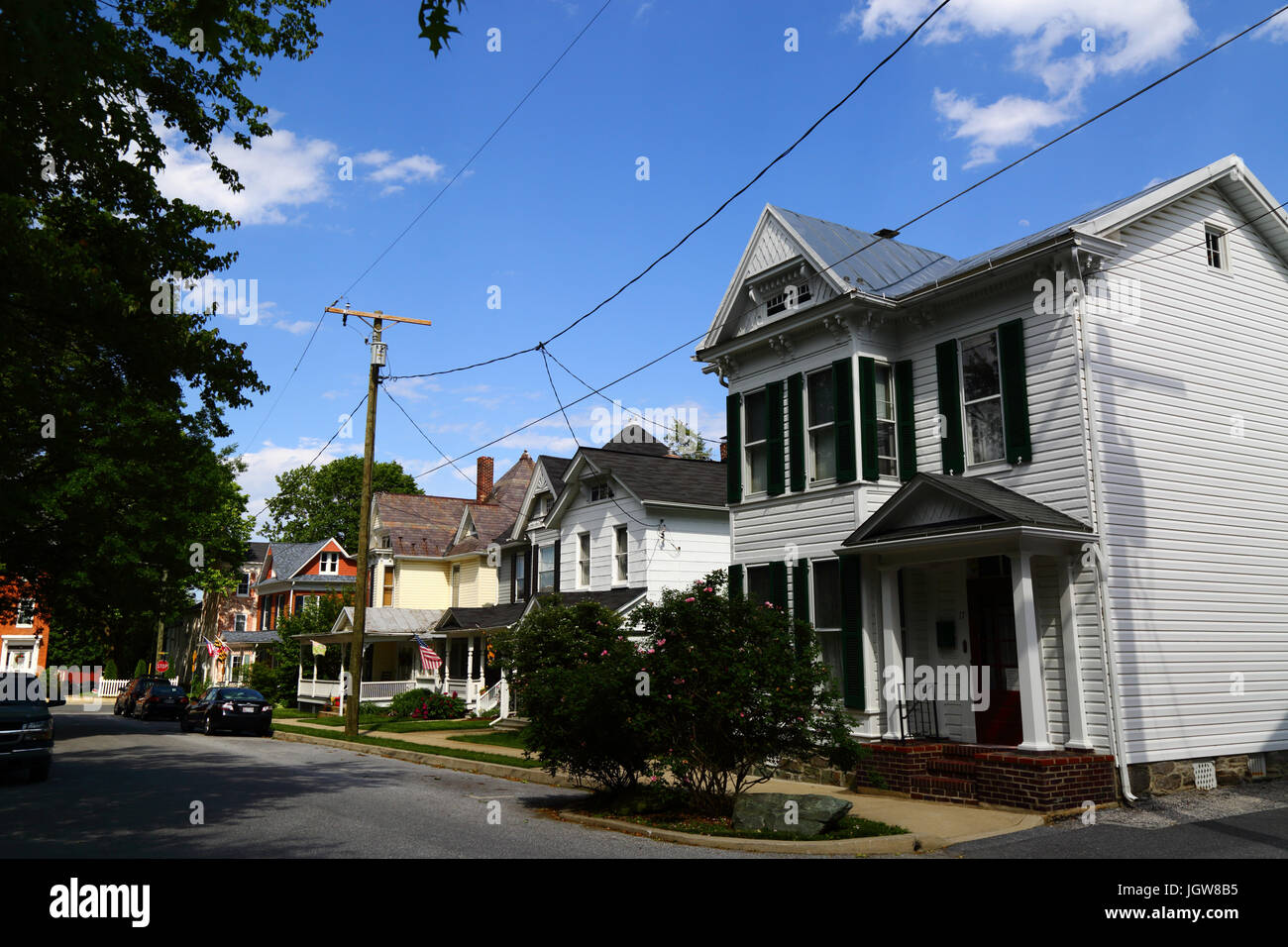 White painted clapboard houses in Westminster, Carroll County, Maryland