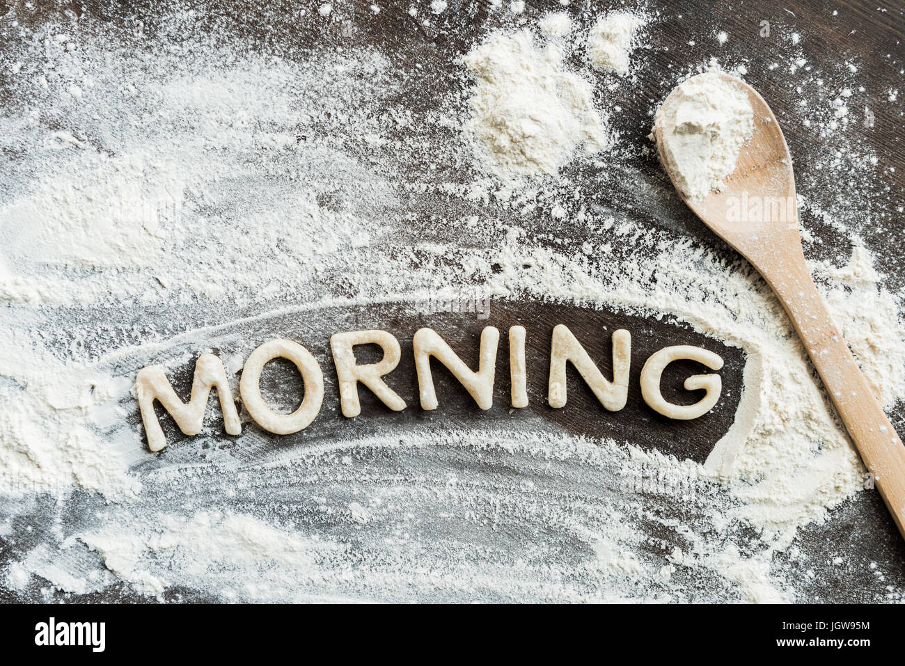 Top view of edible word morning made from sweet crunchy cookies, baking cookies concept Stock Photo