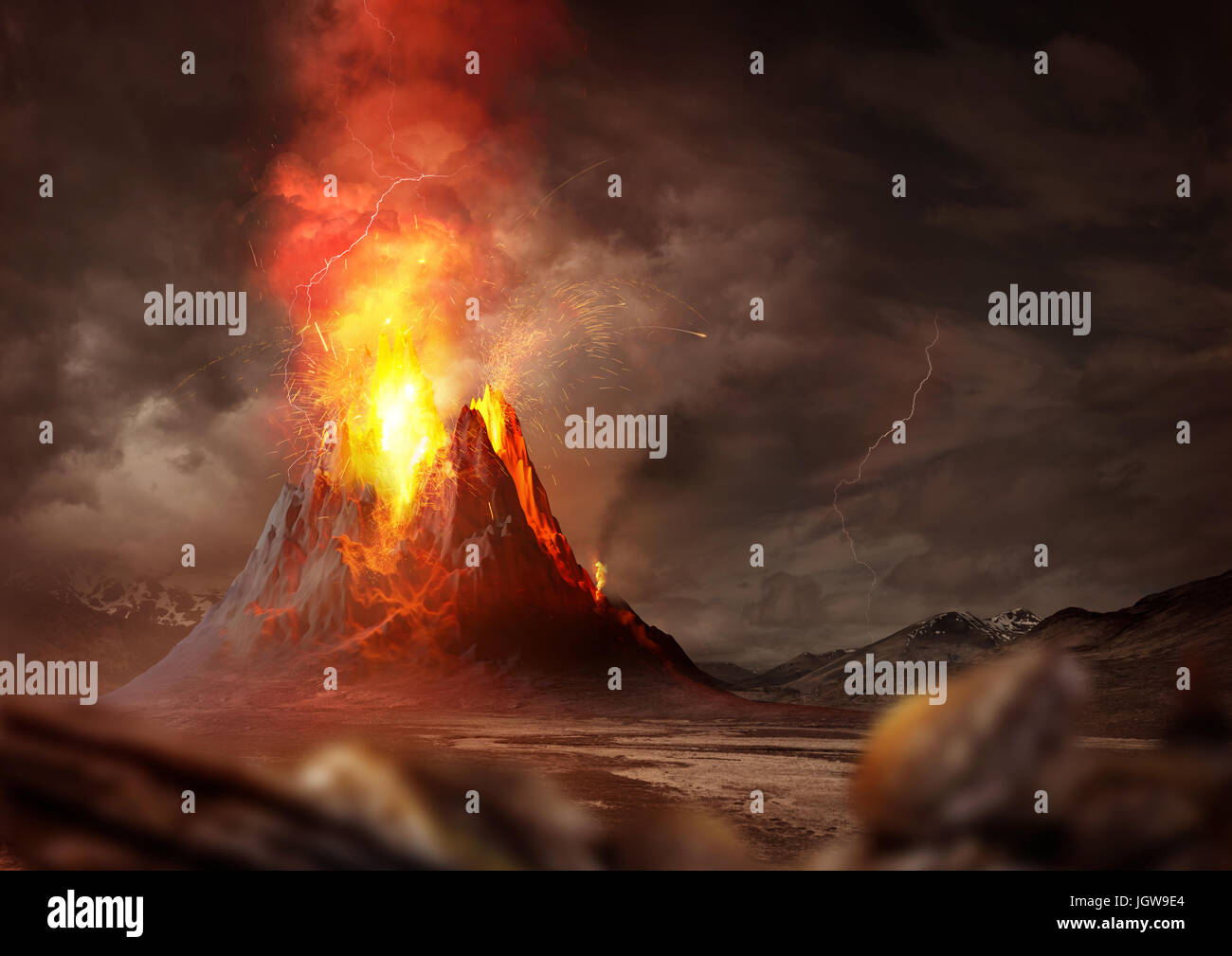 Massive Volcano Eruption. A large volcano erupting hot lava and gases into the atmosphere. 3D Illustration. Stock Photo