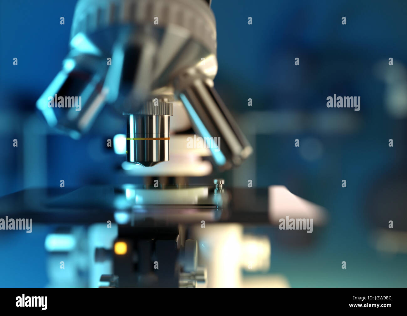 A modern microscope examining a biological test sample in a science laboratory. 3D illustration. Stock Photo