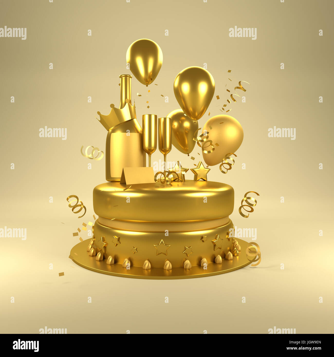 Gold Birthday Surprise. Birthday celebrations with gold balloons, gold glasses and champagne bottle and a cake. 3D illustration. Stock Photo