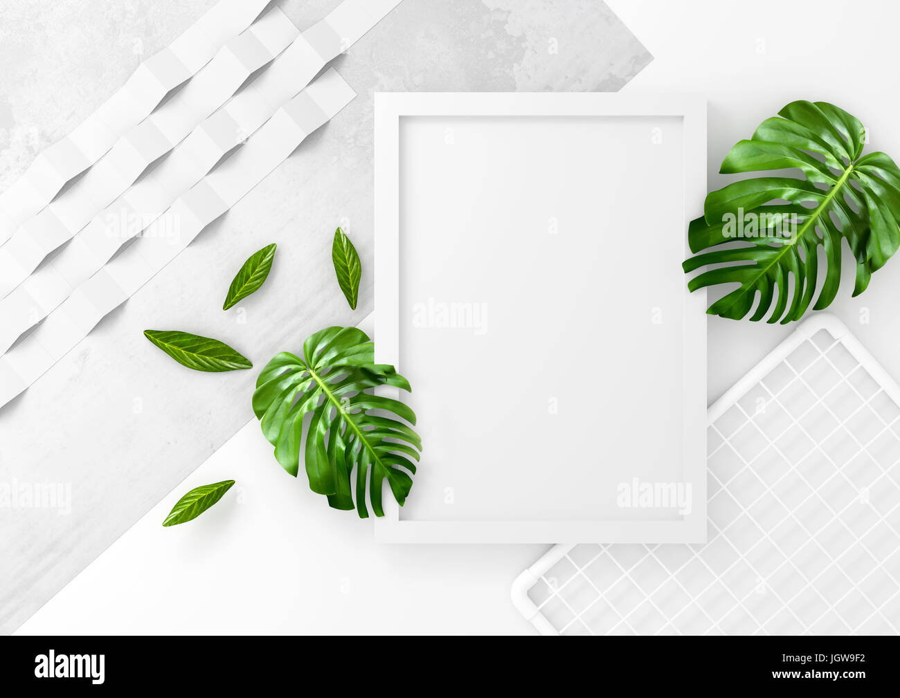 Clean and minimal advertising space with a white photo frame and green leaves. 3D illustration render. Stock Photo