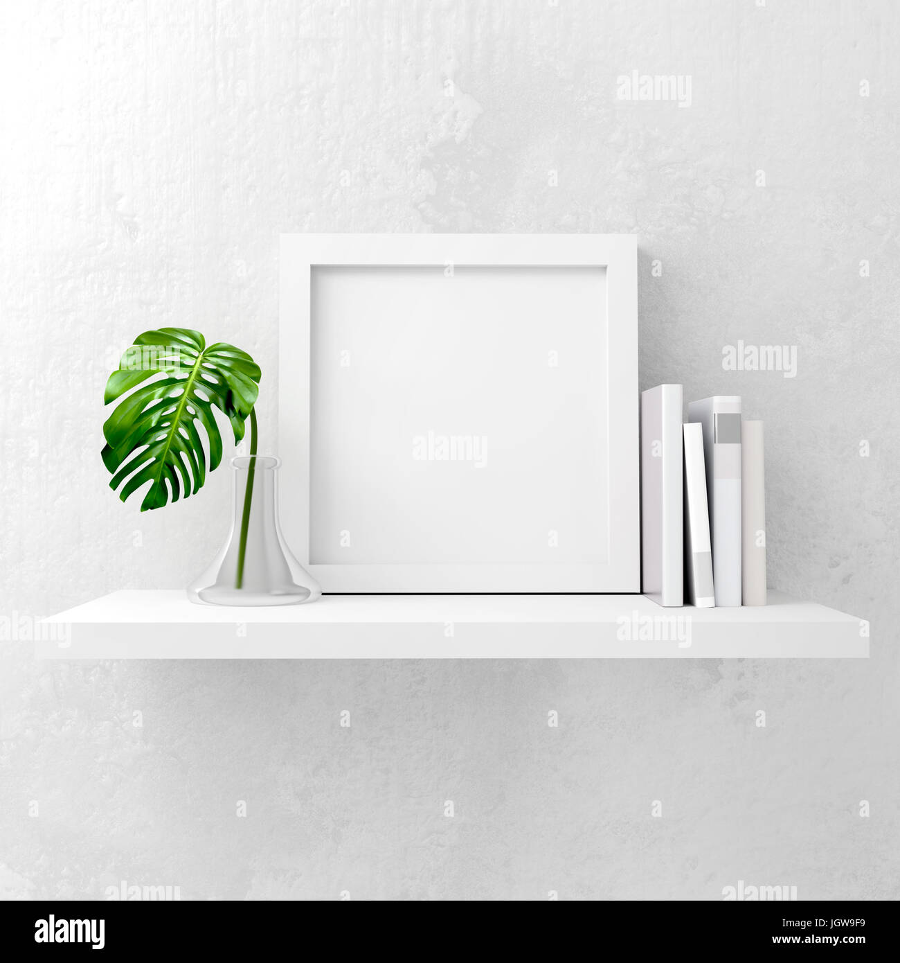 Clean and minimal mock up photo frame with books and green leaf decoration on a white shelf. 3D illustration render. Stock Photo
