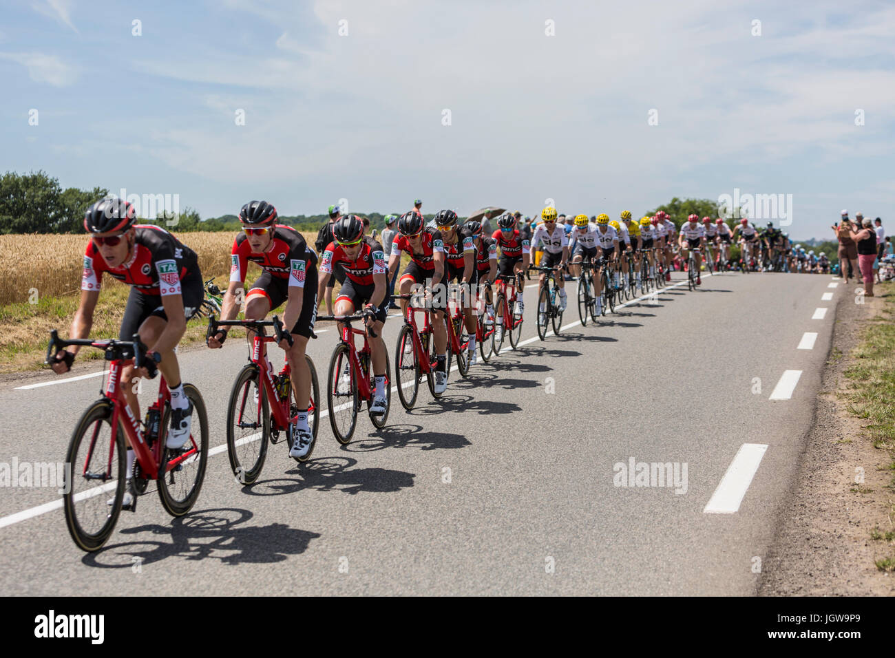 Mailleroncourt-Saint-Pancras, France - July 5, 2017: The BMC Racing Team riding in front of the peloton on a road to La Planche des Belle Filles durin Stock Photo