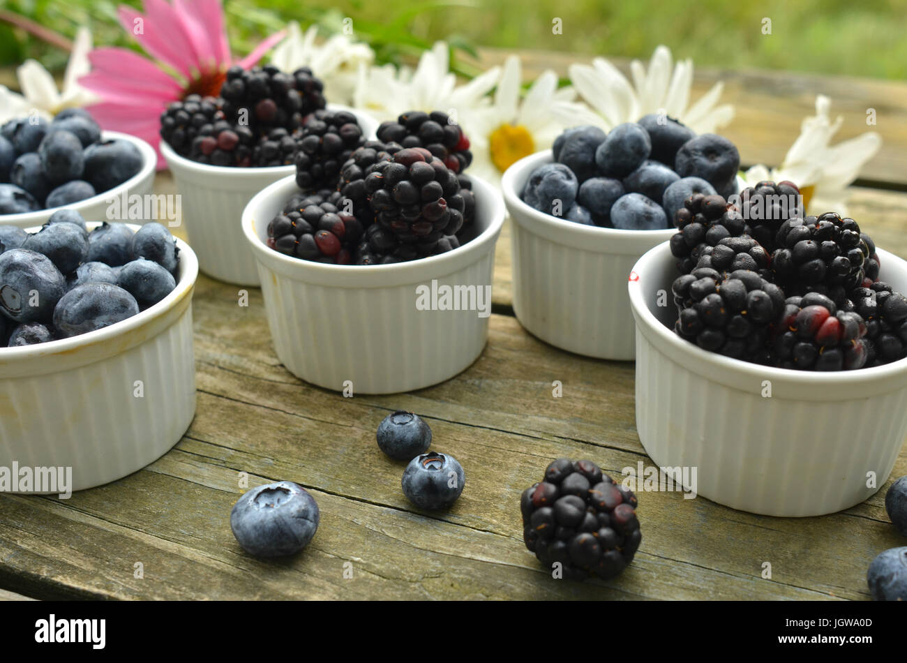blueberries and blackberries in small white ramekin portions with ...