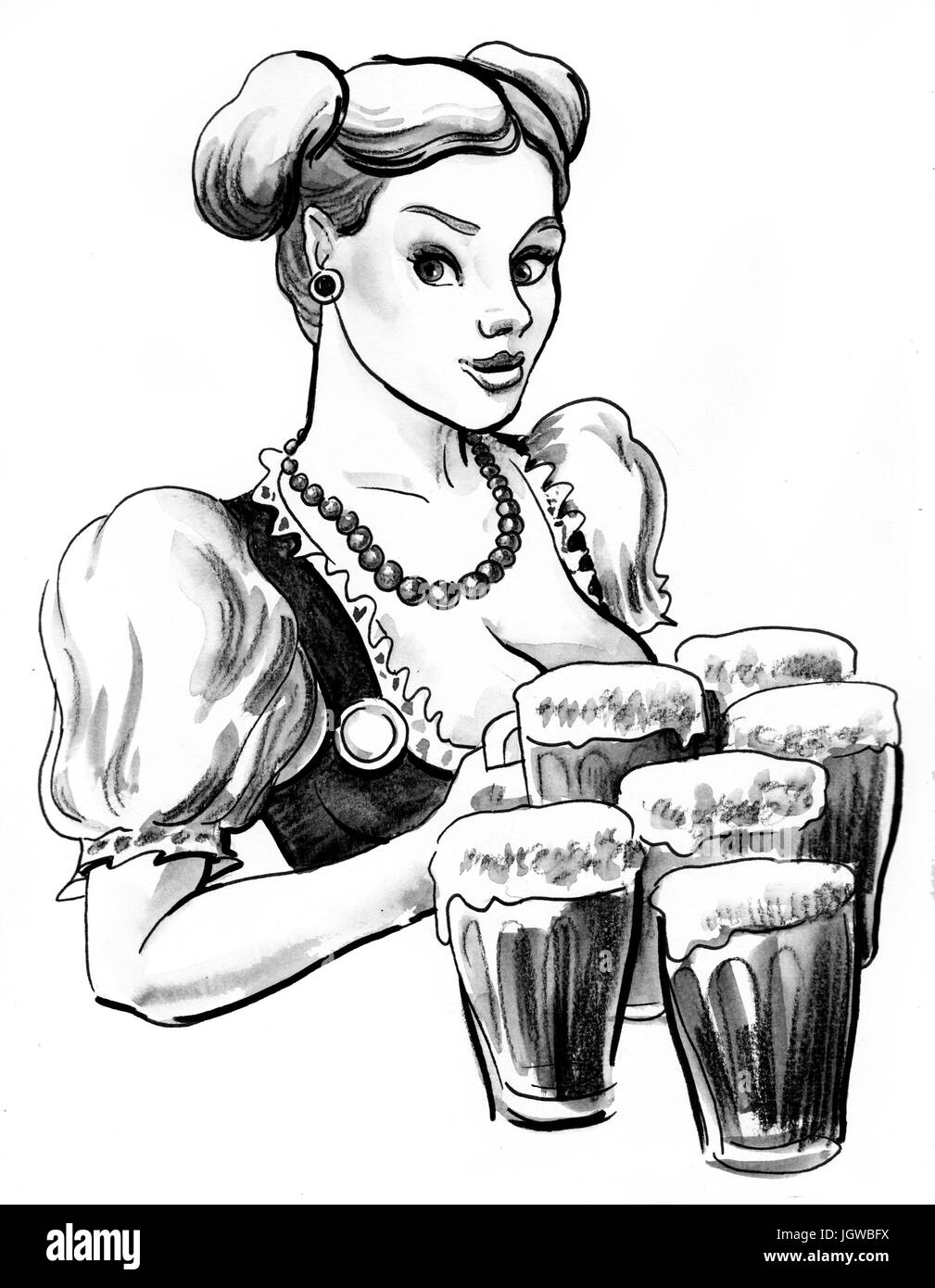 Waitress with a mugs of beers Stock Photo