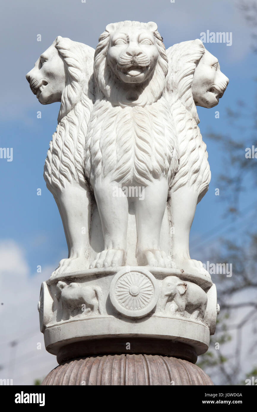 Copy of the Lion Capital of the Pillar of Ashoka from Sarnath erected in front of the India House at Budapest Zoo in Budapest, Hungary. Stock Photo